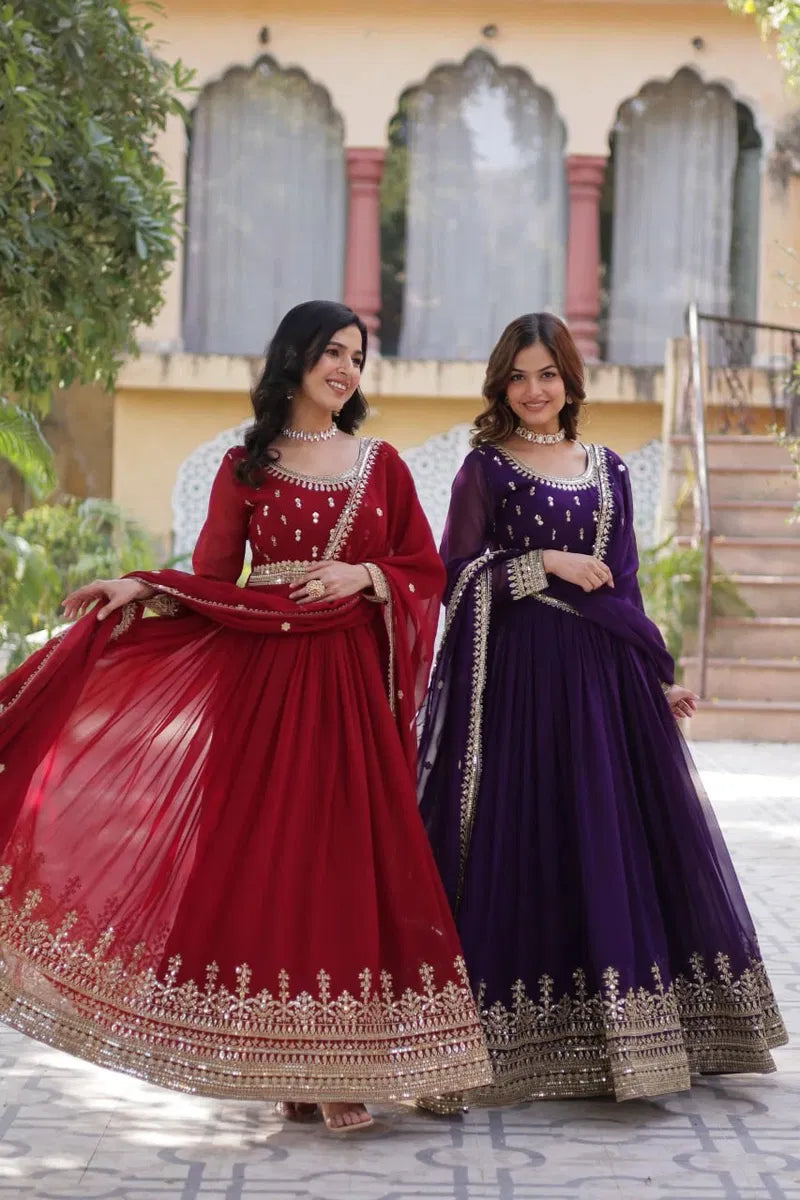 Maroon Embroidered Georgette Gown for Weddings, Parties & Festive Wear