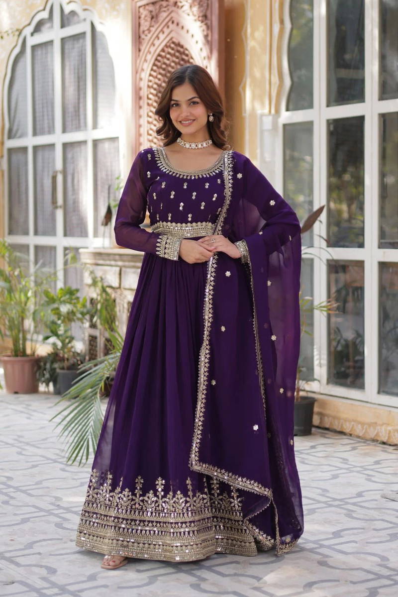 Purple Heavy Embroidered Georgette Gown with Dupatta – Party & Wedding Wear