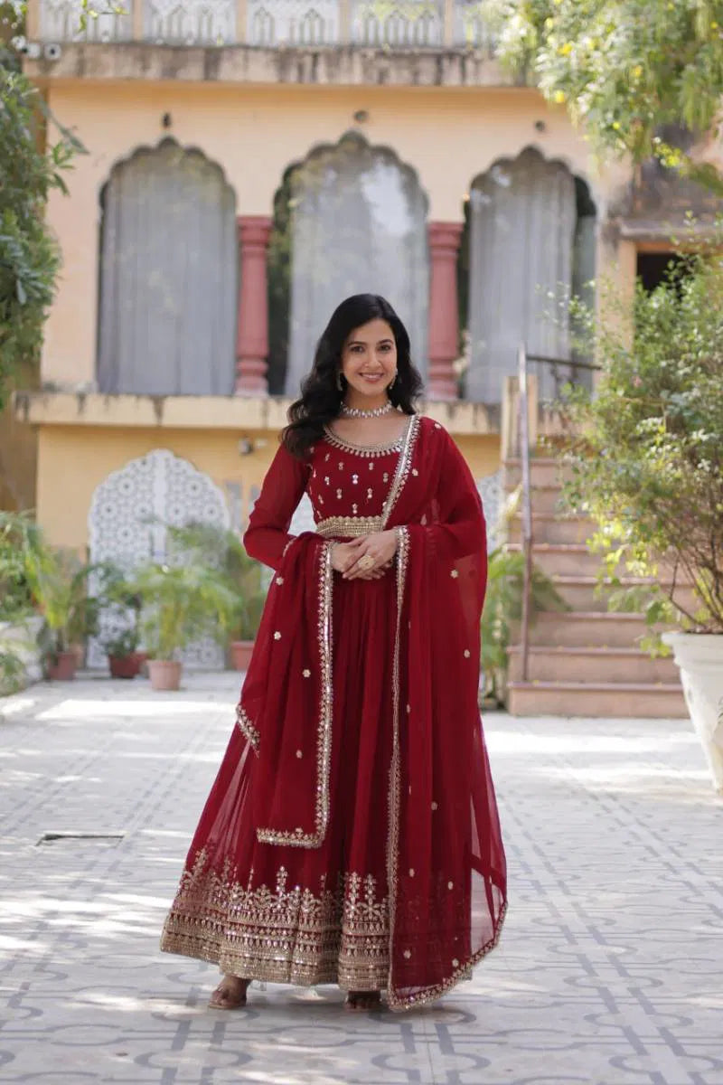 Maroon Embroidered Georgette Gown for Weddings, Parties & Festive Wear