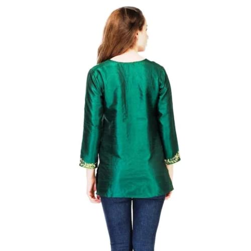 Dark Green Art Silk Short Kurti – Embroidered Party Wear Ethnic Kurti
