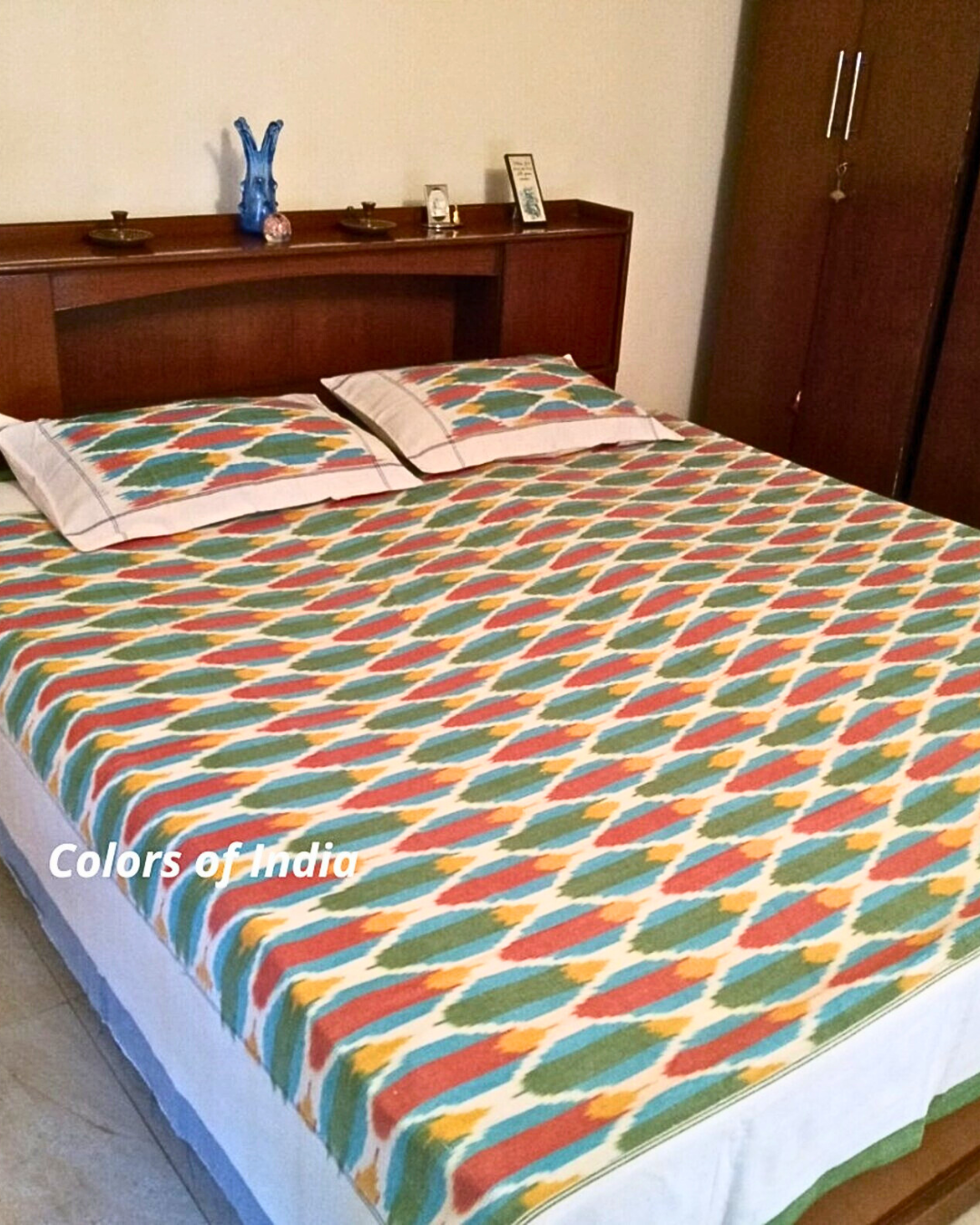 Multicolor Pure Cotton Double Pochampally Ikat Bedcover