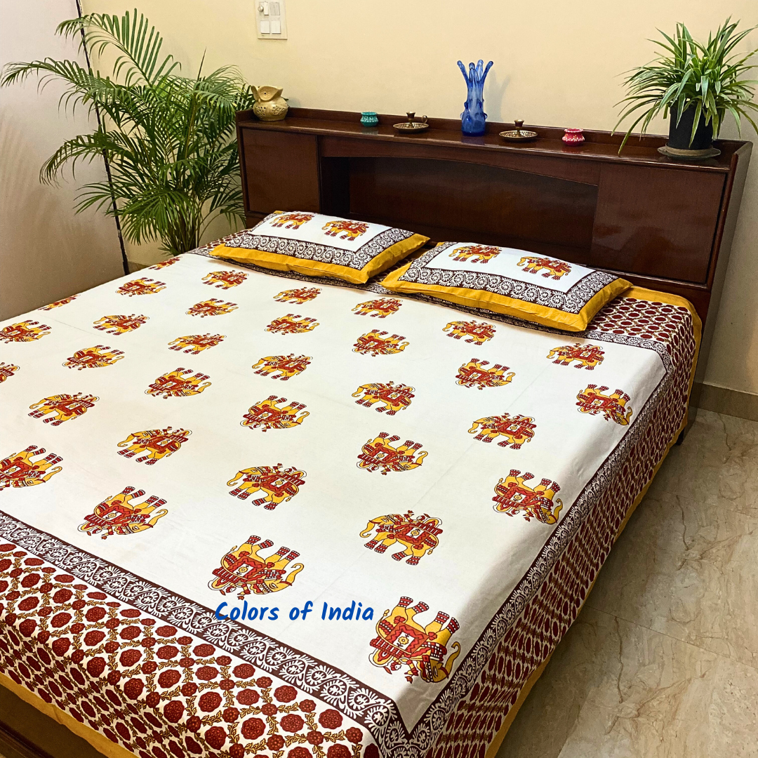 White Handblock Printed Cotton Queen Size Bedsheeet
