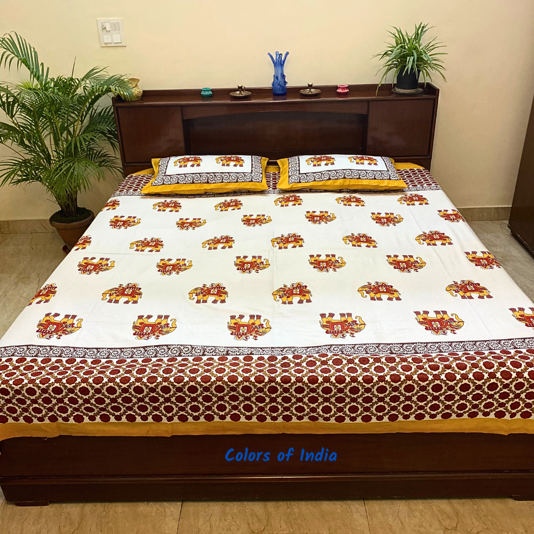 White Handblock Printed Cotton Queen Size Bedsheeet