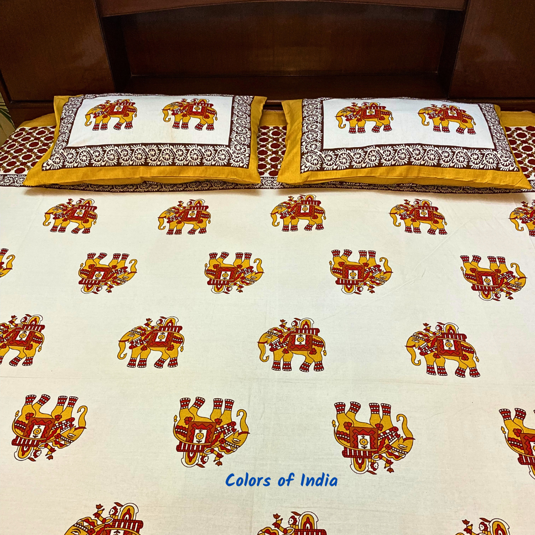 White Handblock Printed Cotton Queen Size Bedsheeet