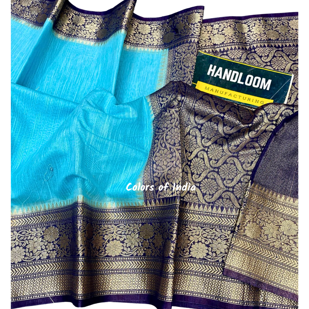 Handwoven Banarasi Linen Saree with blouse piece , FREE DELIVERY