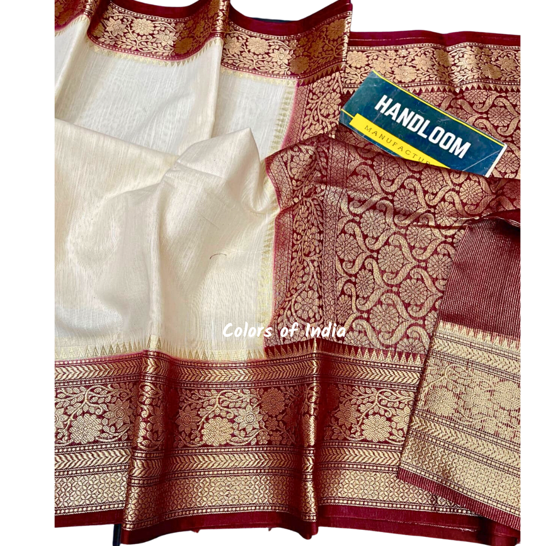 Handwoven Banarasi Linen Saree with blouse piece , FREE DELIVERY