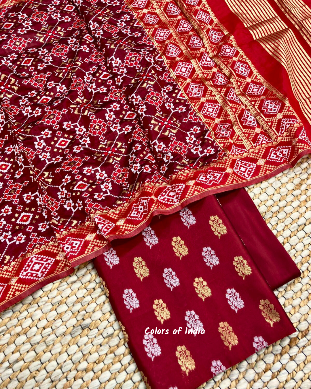 Party wear banarsi silk booti suit with patola dupatta