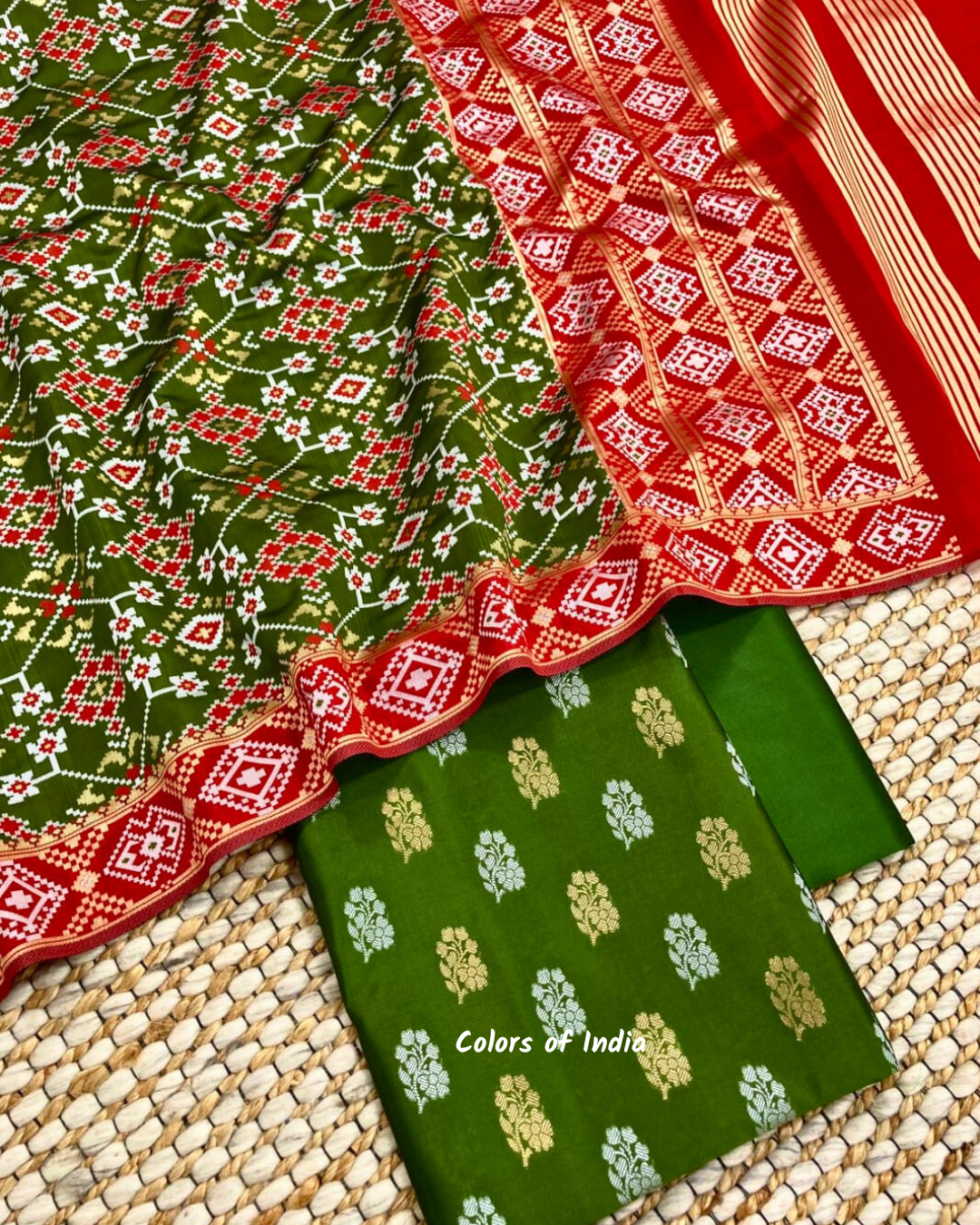 Party wear banarsi silk booti suit with patola dupatta