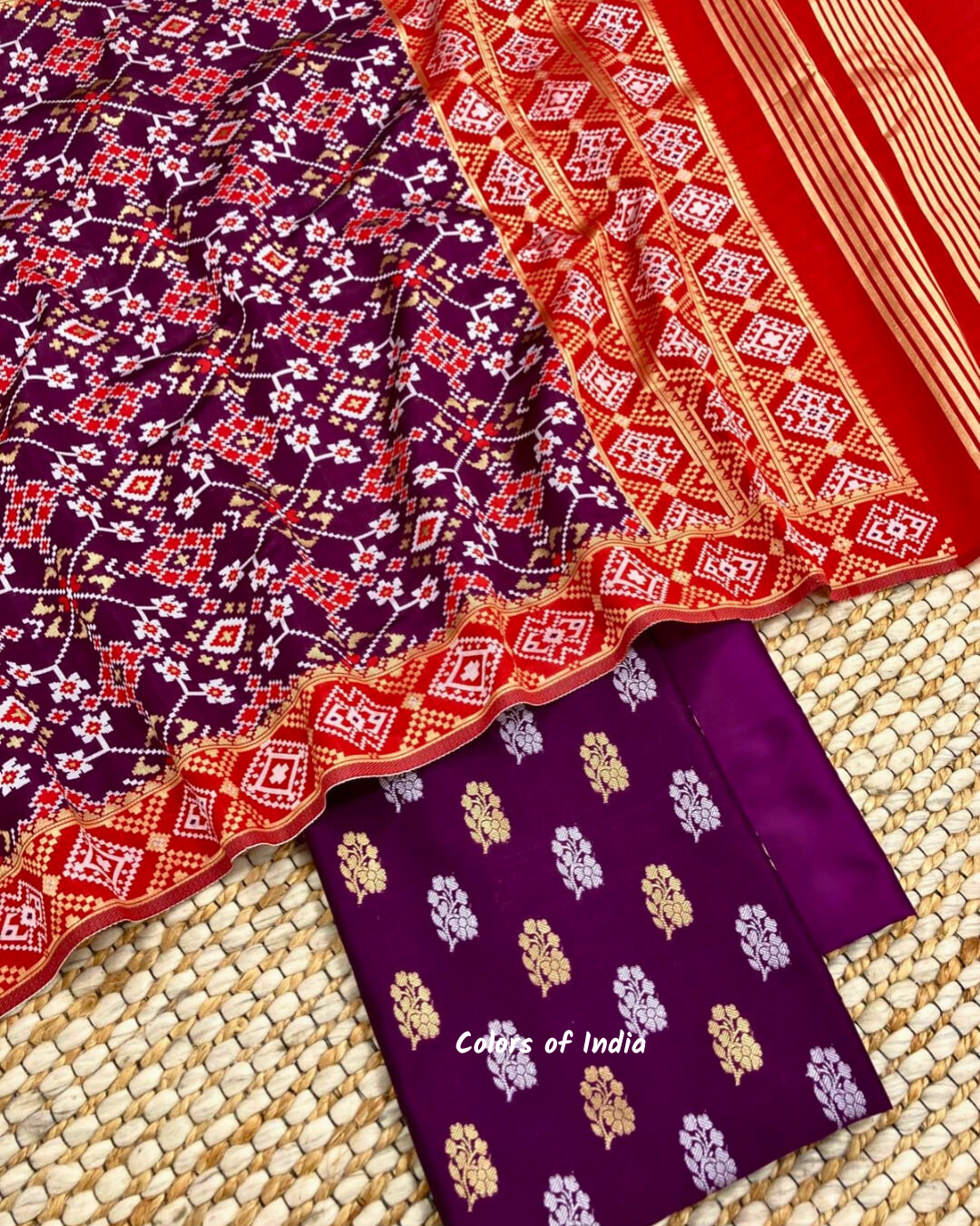 Party wear banarsi silk booti suit with patola dupatta