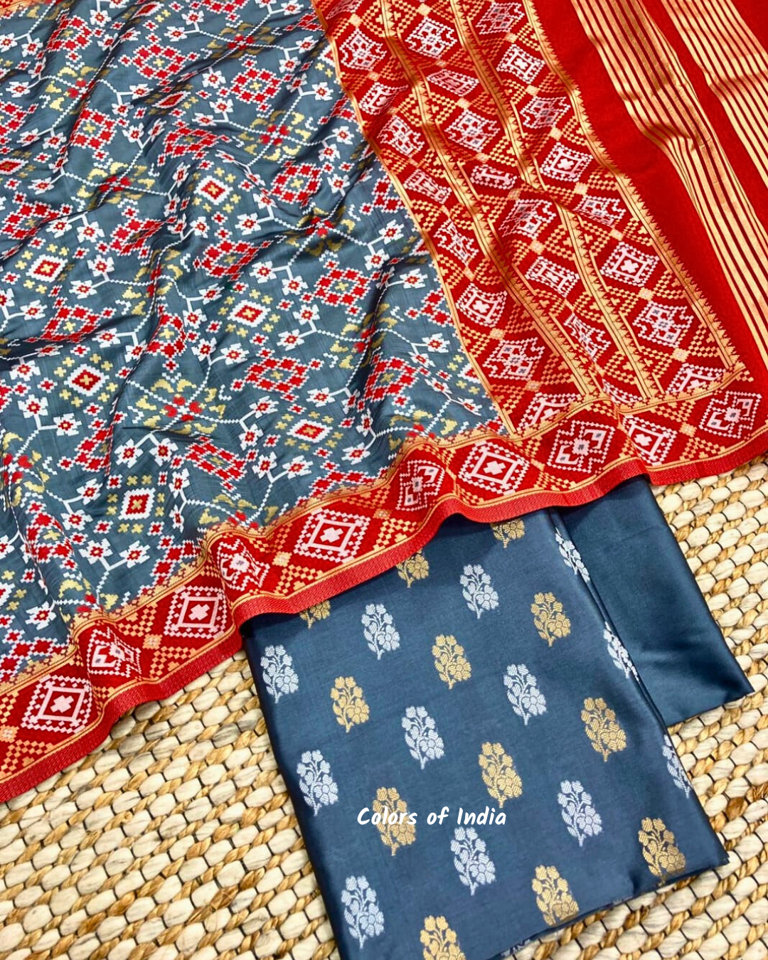 Party wear banarsi silk booti suit with patola dupatta