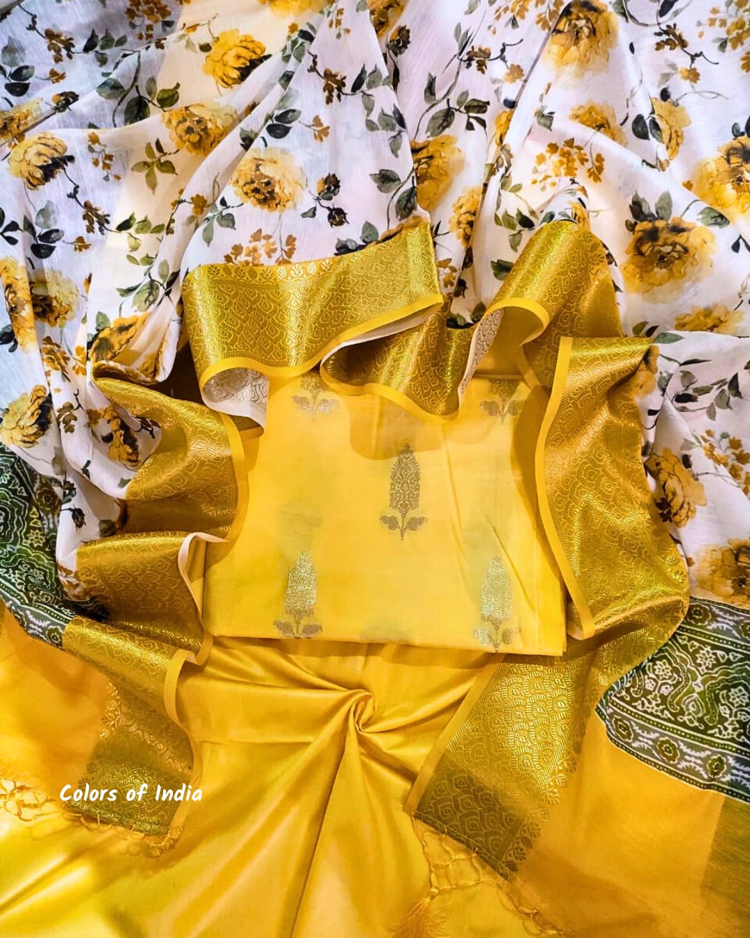 Elegant Silk Banarasi Suit with Floral Dupatta | Handwoven Indian Ethnic Salwar Suit