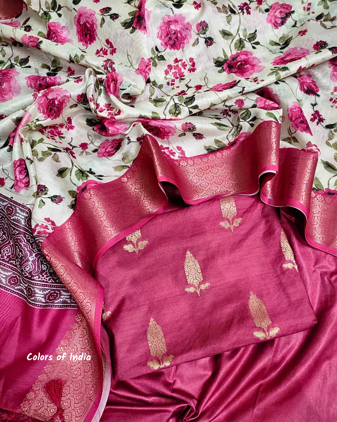 Elegant Silk Banarasi Suit with Floral Dupatta | Handwoven Indian Ethnic Salwar Suit