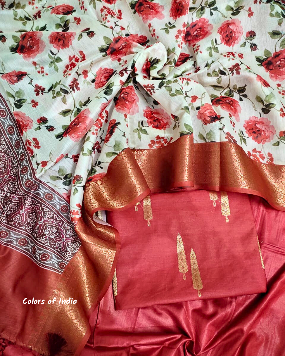 Elegant Silk Banarasi Suit with Floral Dupatta | Handwoven Indian Ethnic Salwar Suit