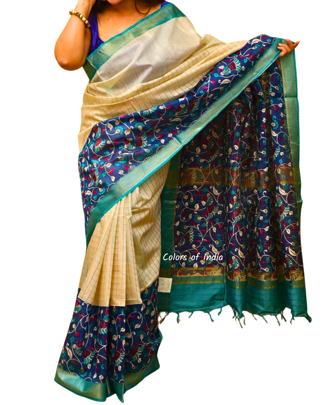 Handloom Silk Cotton Saree with Kalamkari Printed Border and Pallu