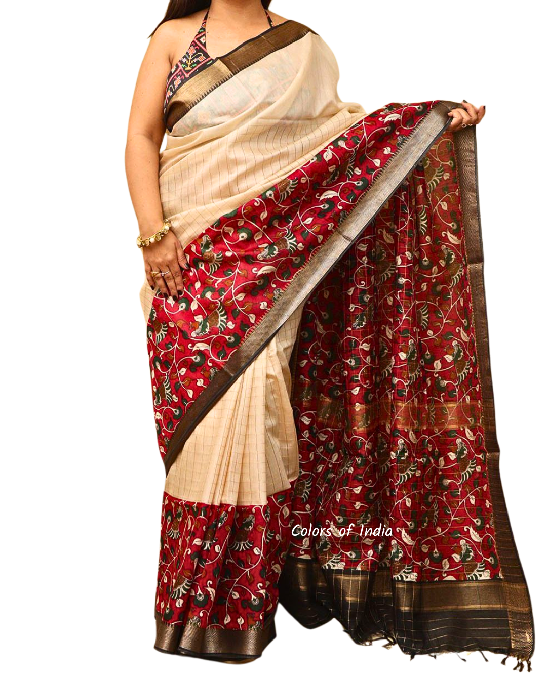 Handloom Silk Cotton Saree with Kalamkari Printed Border and Pallu