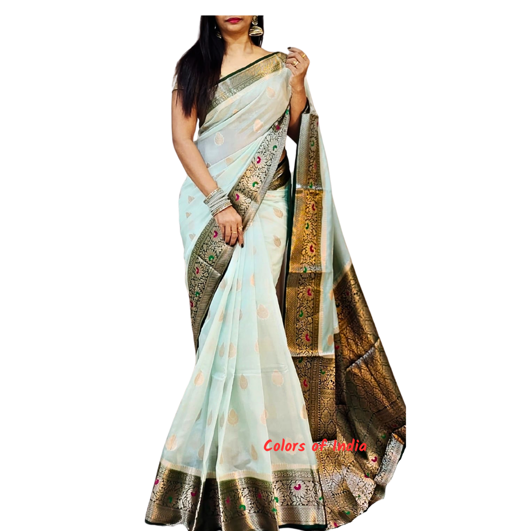 Wedding sarees for women , Banarasi sarees for women , White saree with orange border , white saree blouse