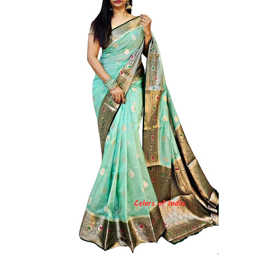 Wedding sarees for women , Banarasi sarees for women , White saree with orange border , white saree blouse