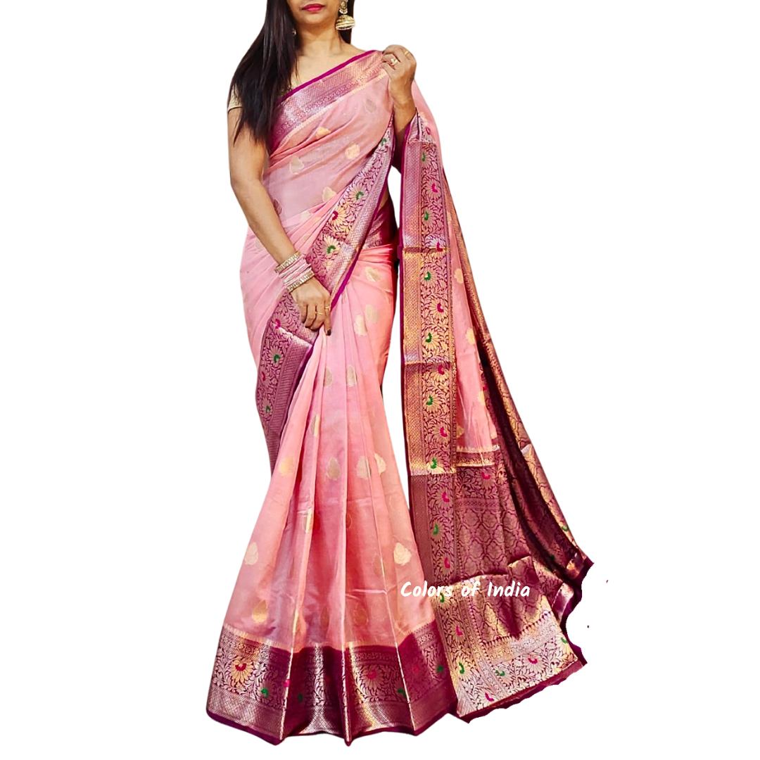 Wedding sarees for women , Banarasi sarees for women , White saree with orange border , white saree blouse
