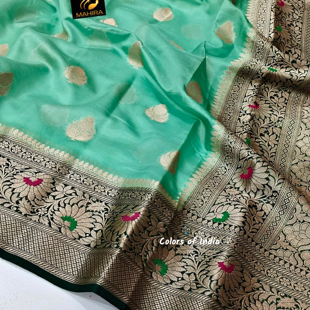 Wedding sarees for women , Banarasi sarees for women , White saree with orange border , white saree blouse
