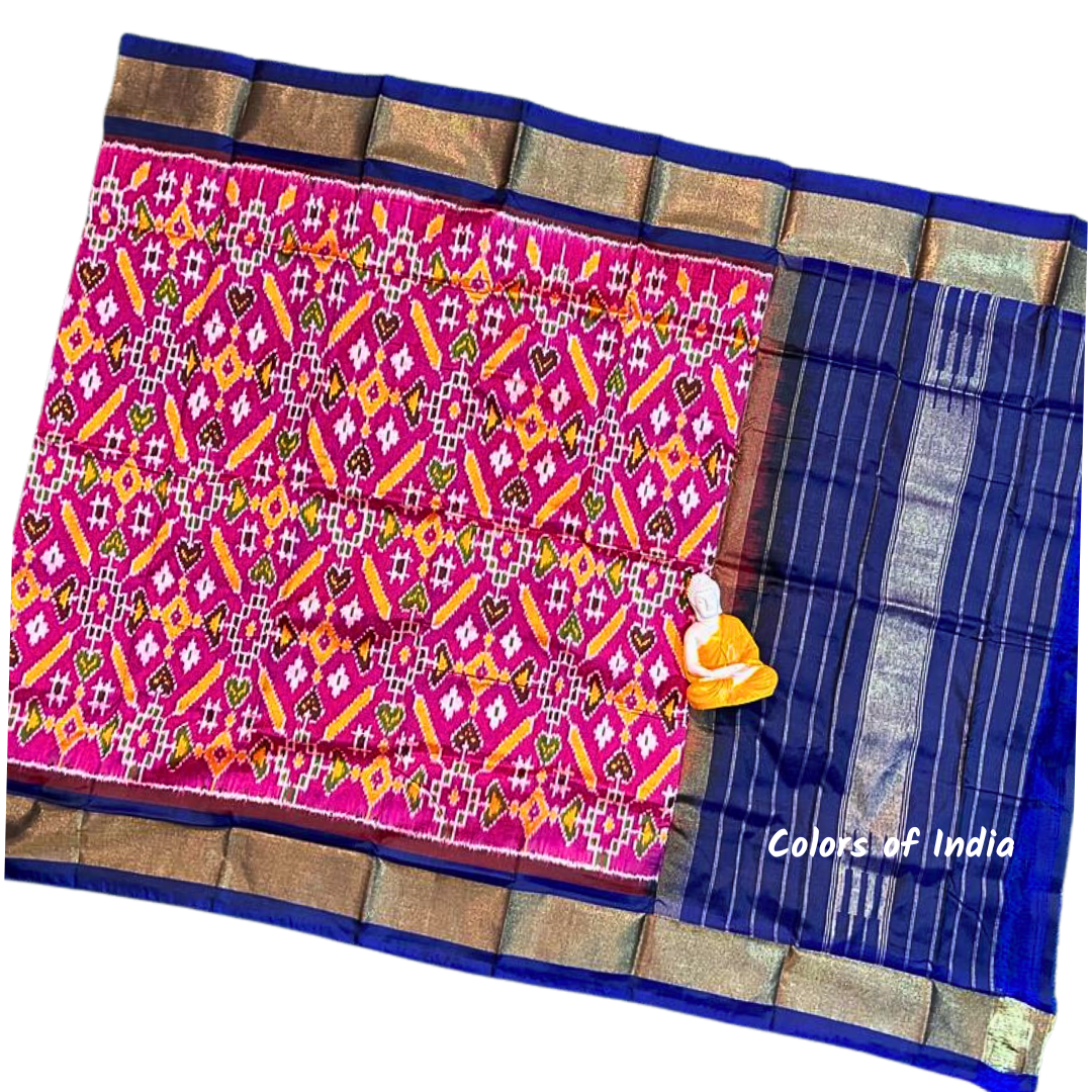 Navy Blue / Pink 100 % Pure Silk Ikat Dupatta , FREE DELIVERY