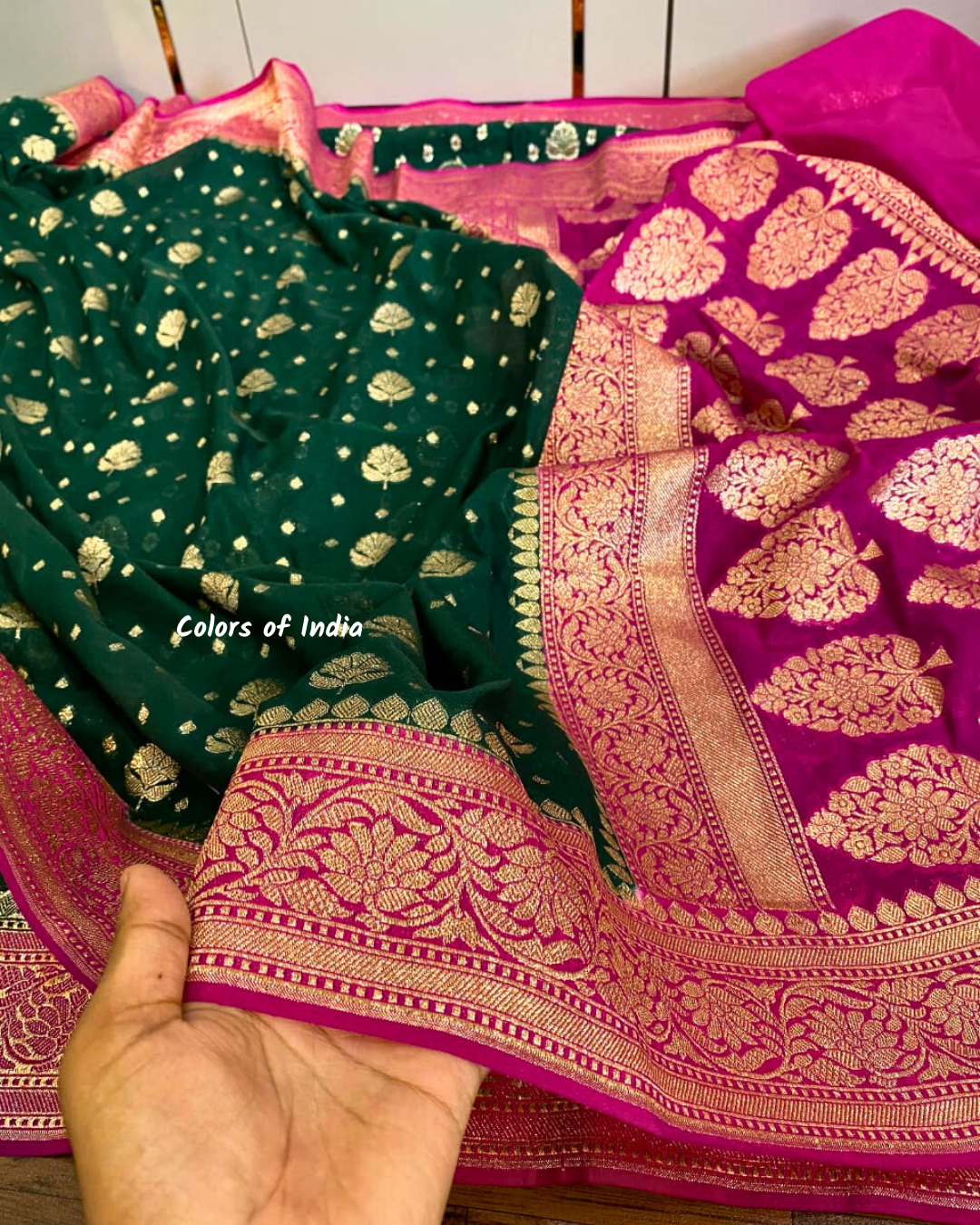 Handwoven Banarasi semi georgette saree with double border