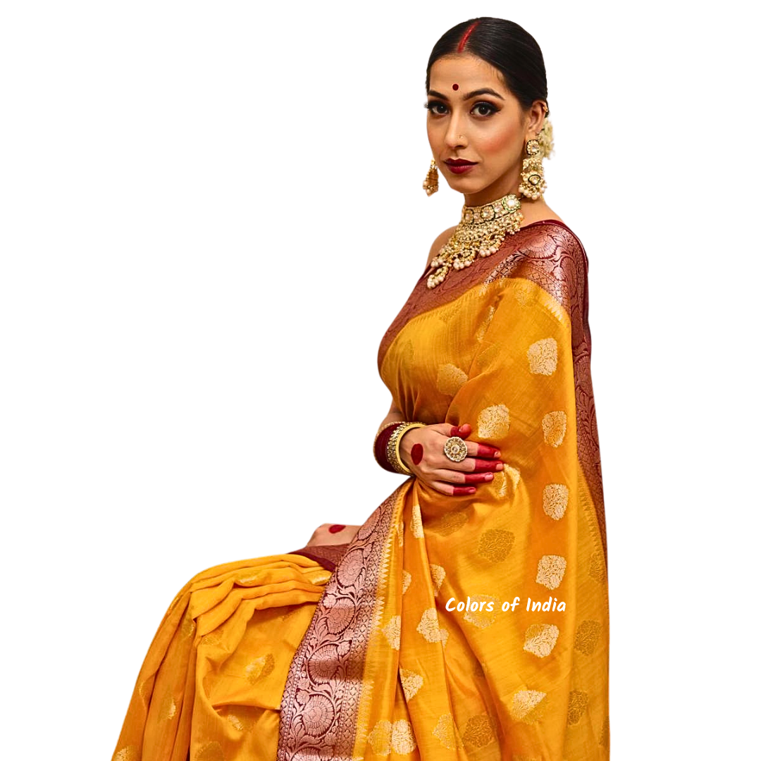 Yellow Banarasi 100 % Pure Chiniya Silk Saree