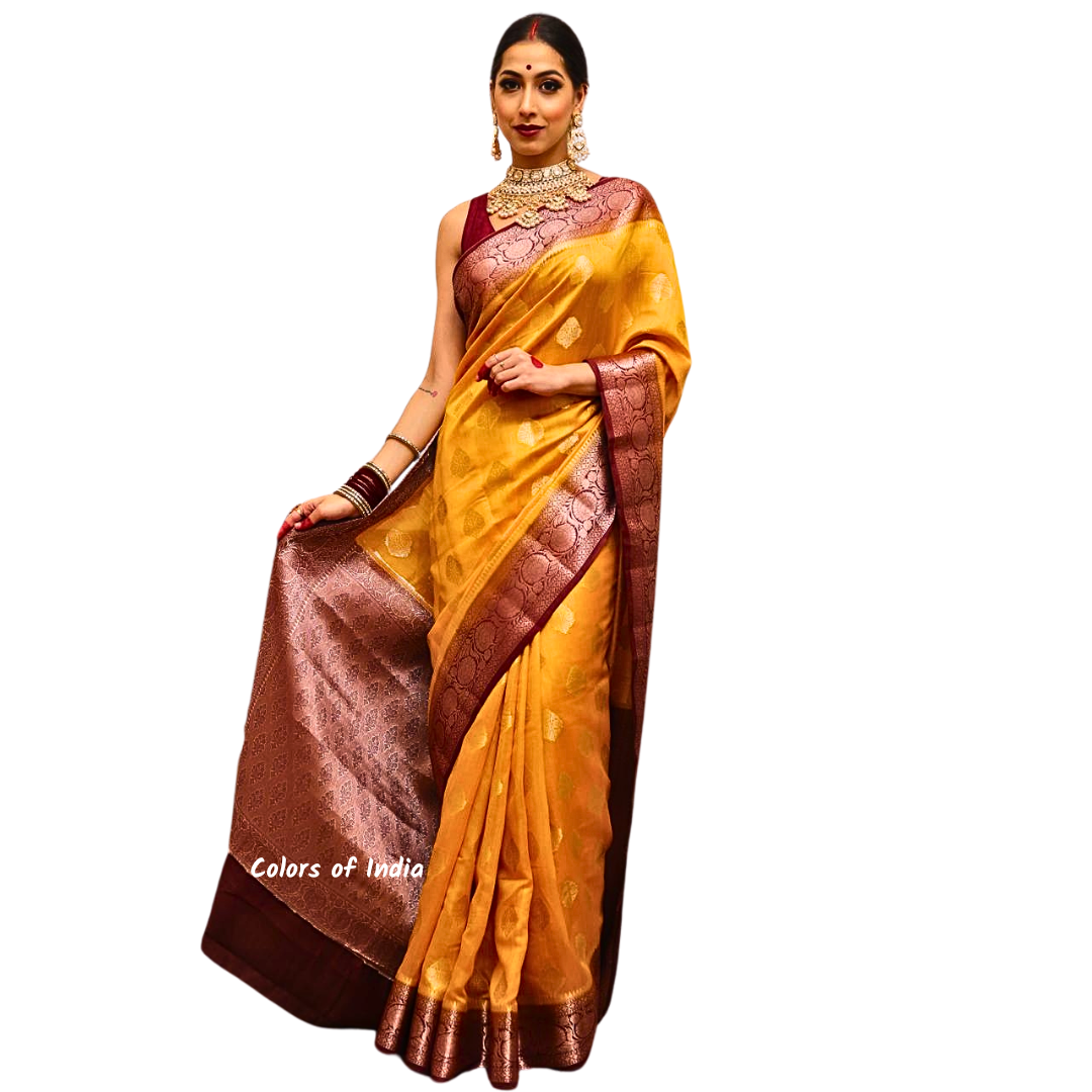 Yellow Banarasi 100 % Pure Chiniya Silk Saree