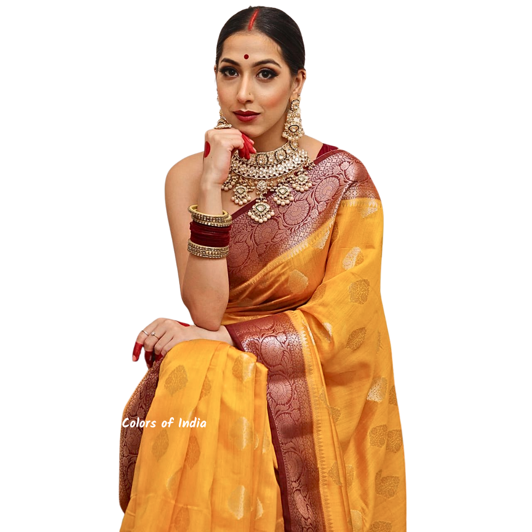 Yellow Banarasi 100 % Pure Chiniya Silk Saree