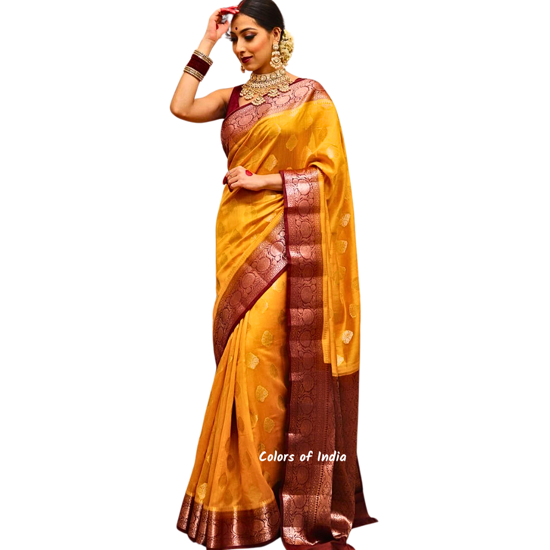 Yellow Banarasi 100 % Pure Chiniya Silk Saree
