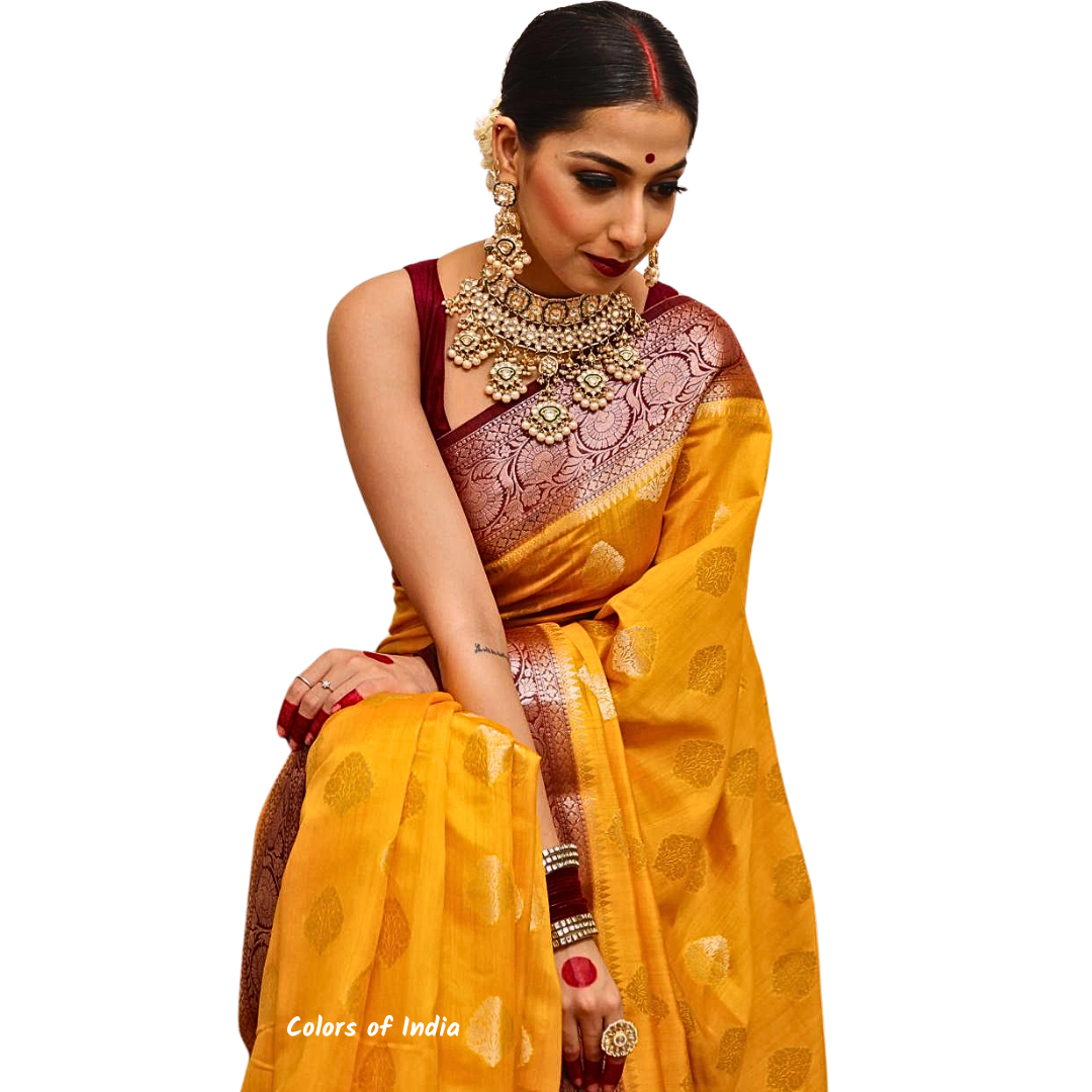 Yellow Banarasi 100 % Pure Chiniya Silk Saree