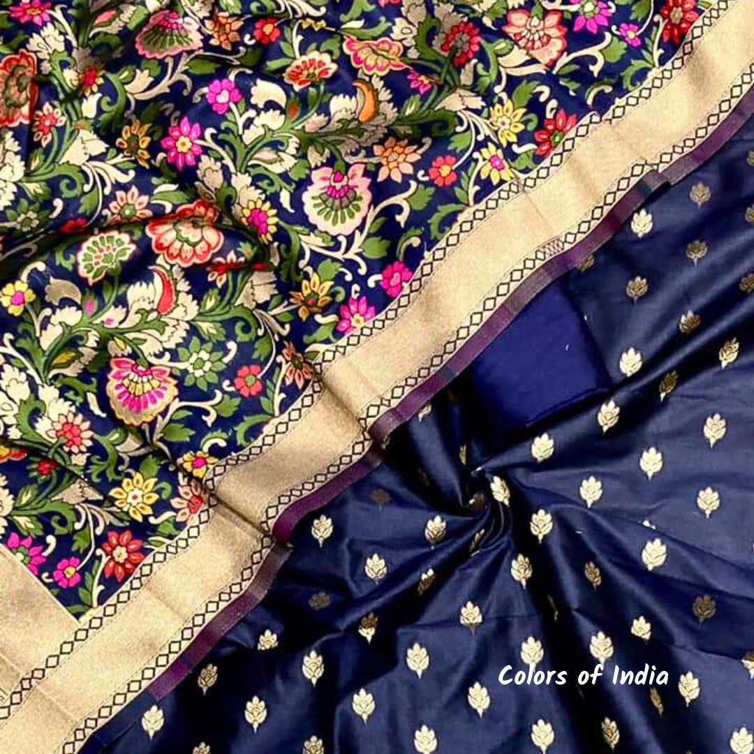 Banarasi Silk Suit With Zari Bootis and Dupatta Set