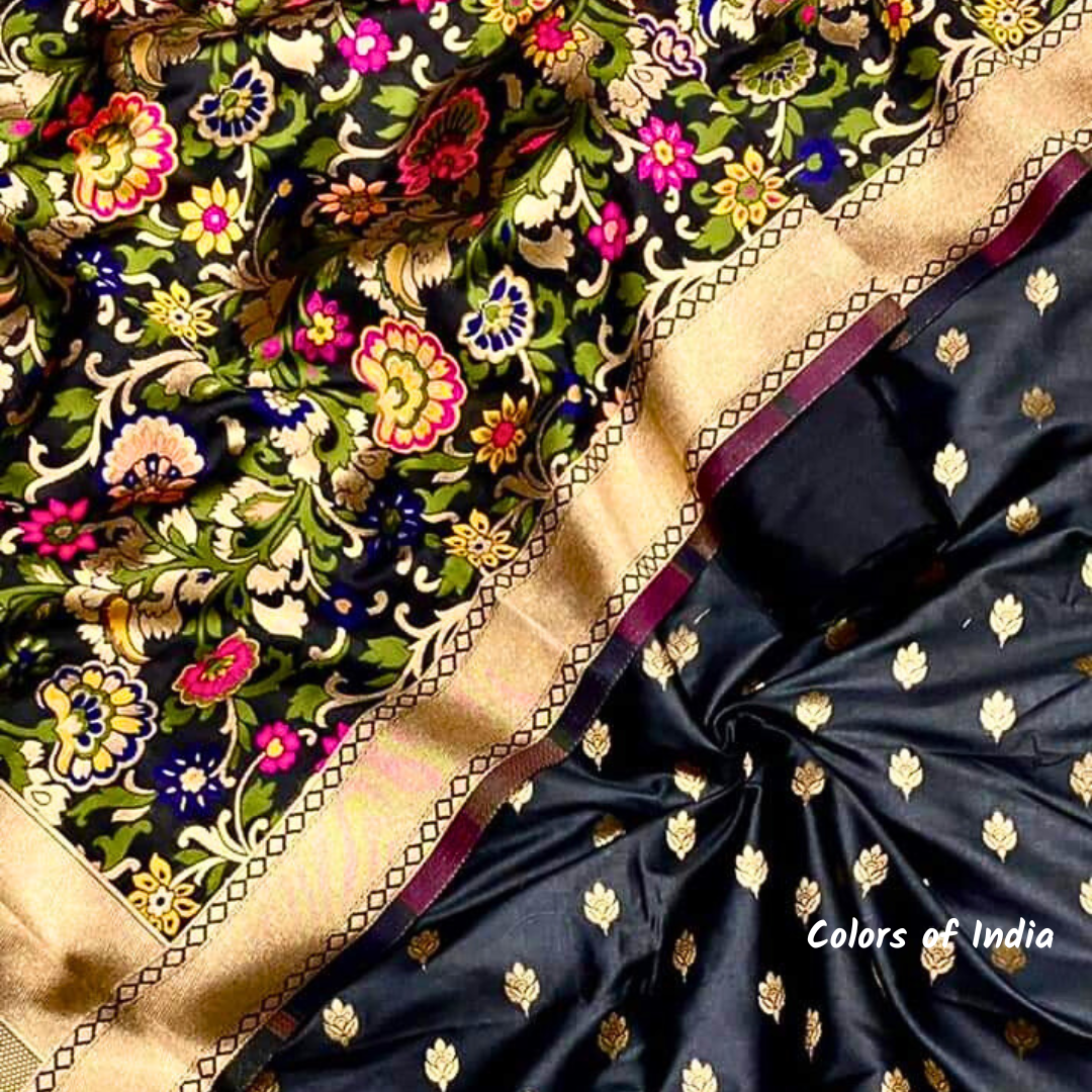 Banarasi Silk Suit With Zari Bootis and Dupatta Set
