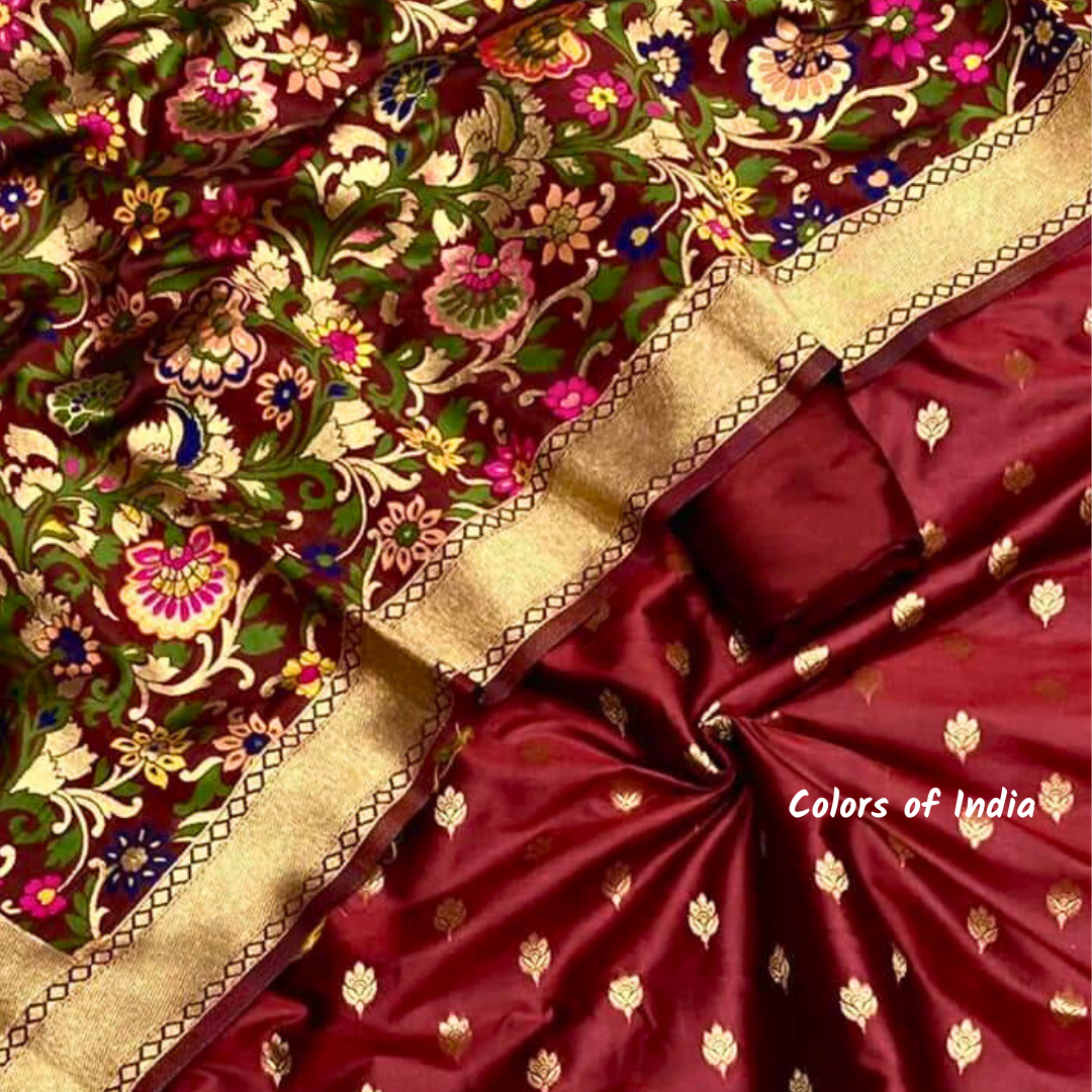 Banarasi Silk Suit With Zari Bootis and Dupatta Set