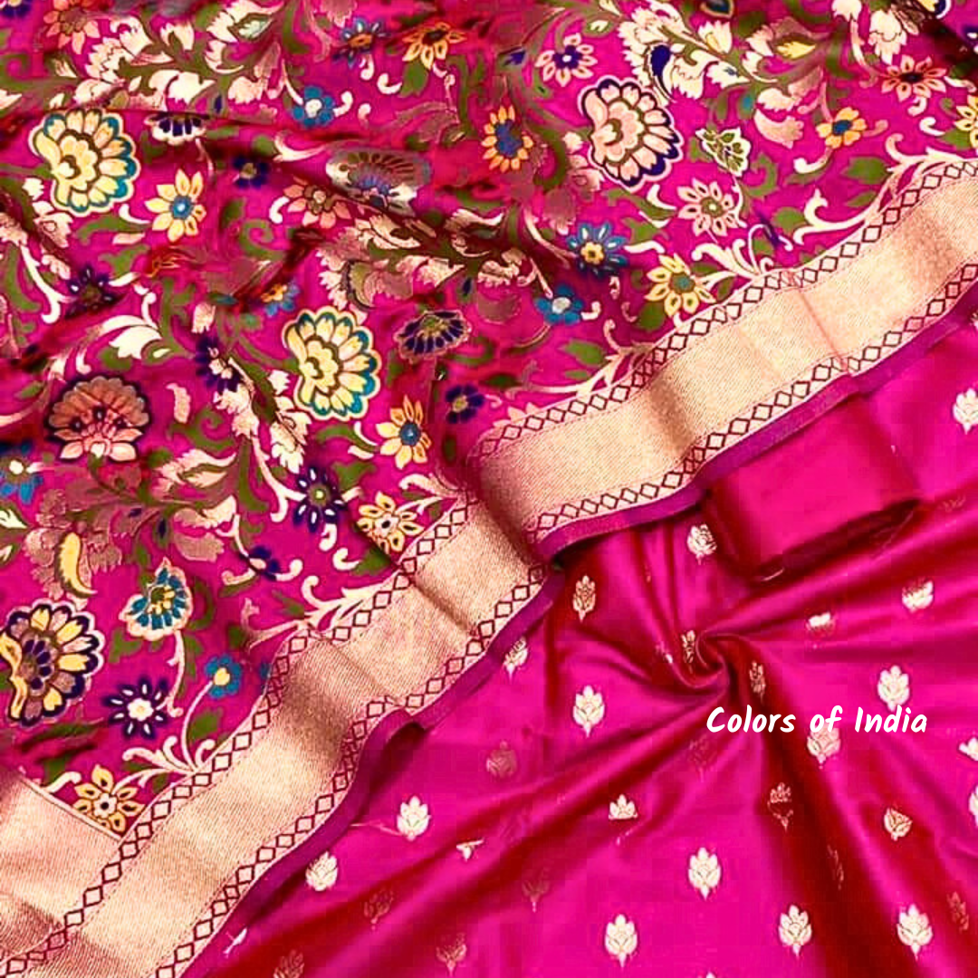 Banarasi Silk Suit With Zari Bootis and Dupatta Set