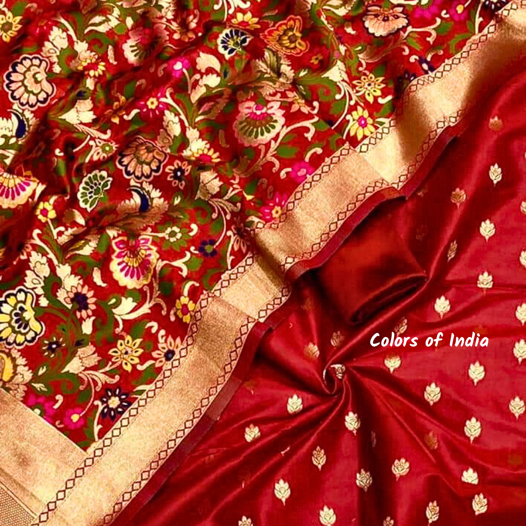 Banarasi Silk Suit With Zari Bootis and Dupatta Set