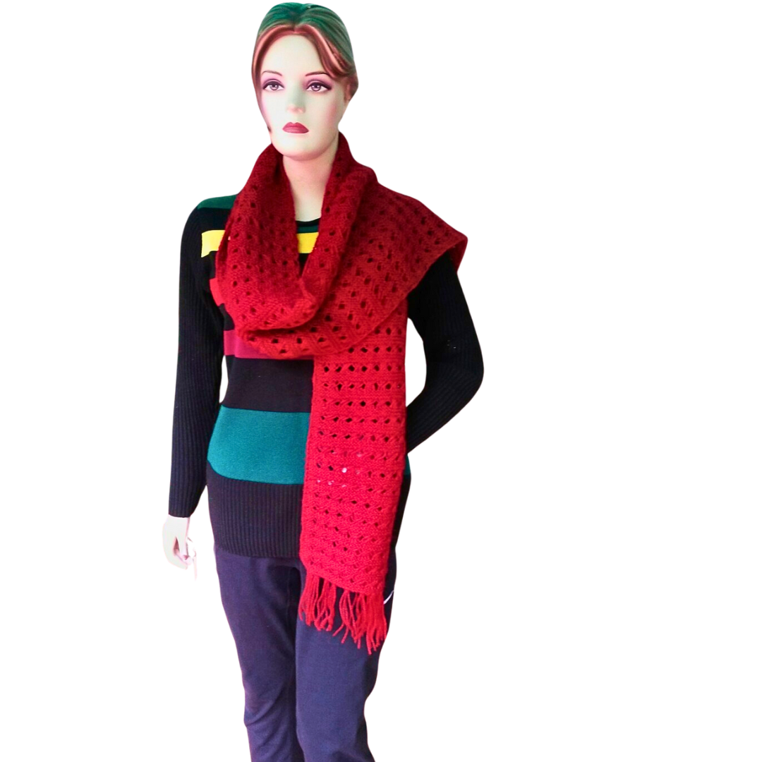 Red Handknitted Woollen Scarf / Stole /