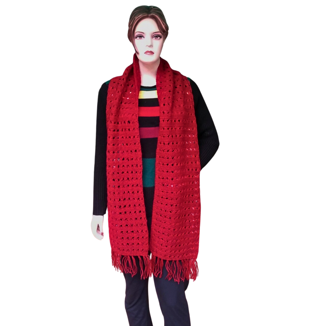 Red Handknitted Woollen Scarf / Stole /