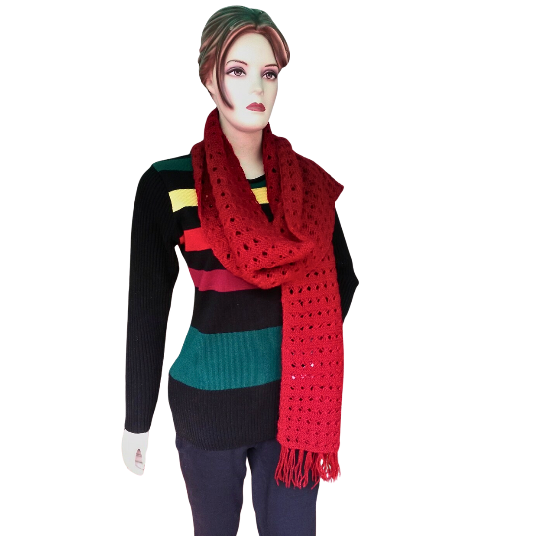 Red Handknitted Woollen Scarf / Stole /