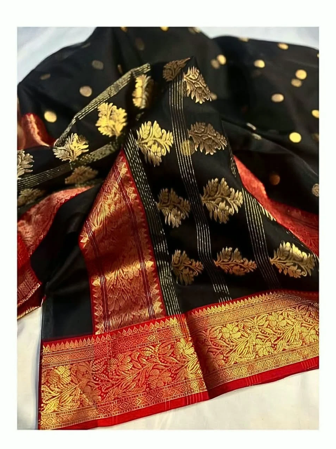 Black and Gold Silk Chanderi Saree with Red Zari Border | Festive & Wedding Wear