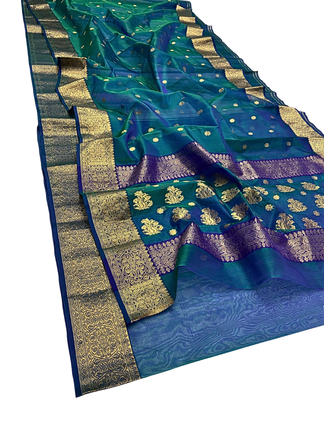 Pure Silk Chanderi Saree in Blue Green Dual Tone with Gold Zari | Wedding & Festive Wear