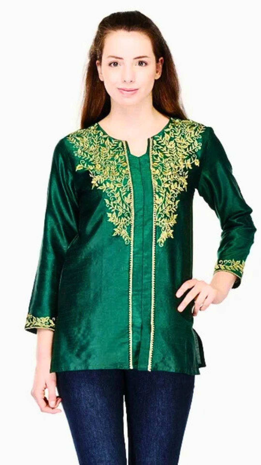 Dark Green Art Silk Short Kurti – Embroidered Party Wear Ethnic Kurti