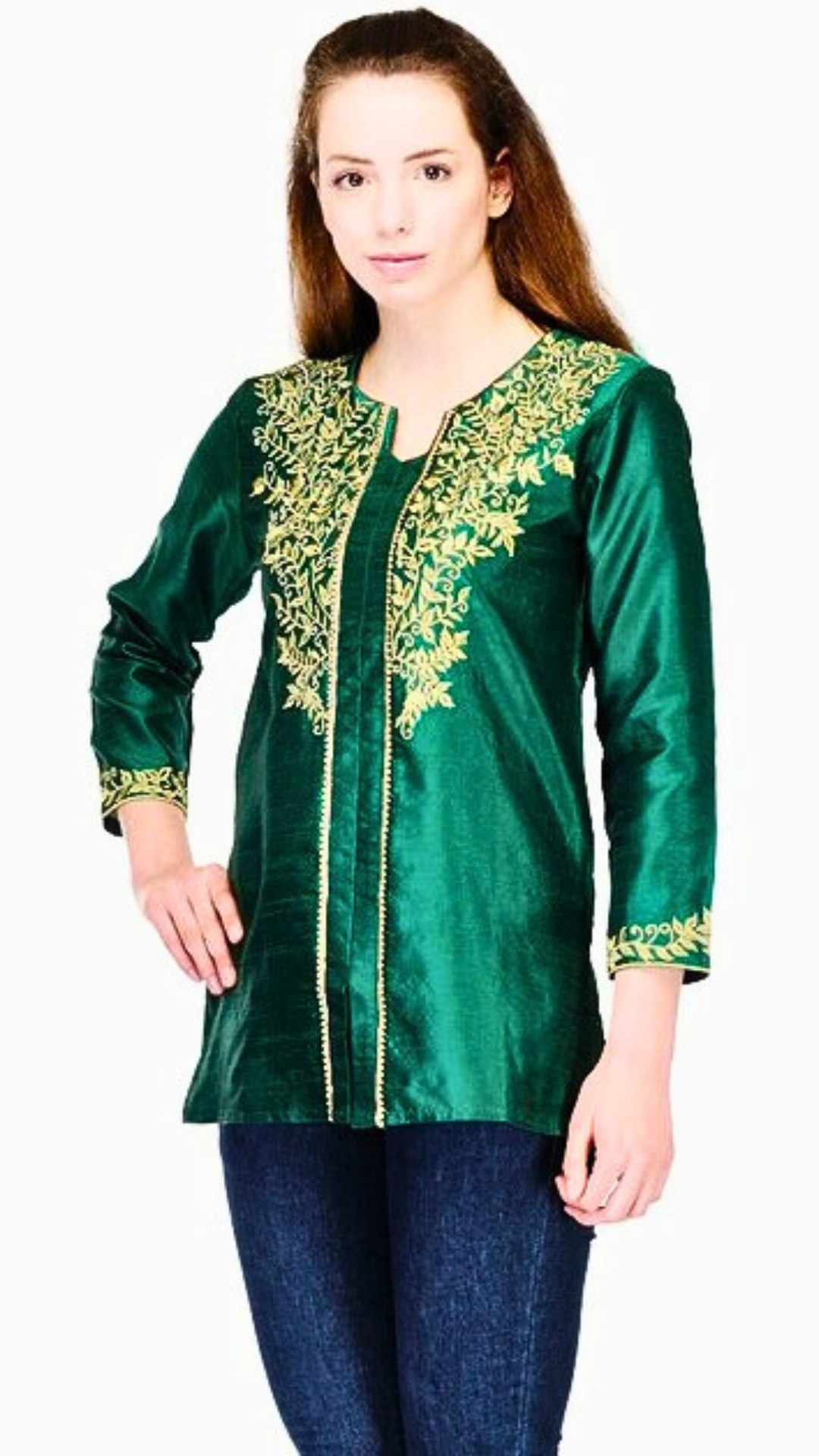 Dark Green Art Silk Short Kurti – Embroidered Party Wear Ethnic Kurti