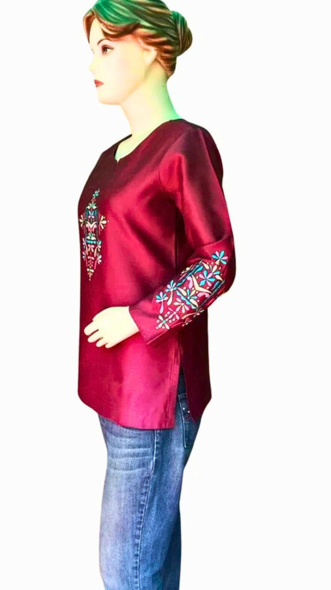 Burgundy Embroidered Kurti for Women | Festive Kurtis Short