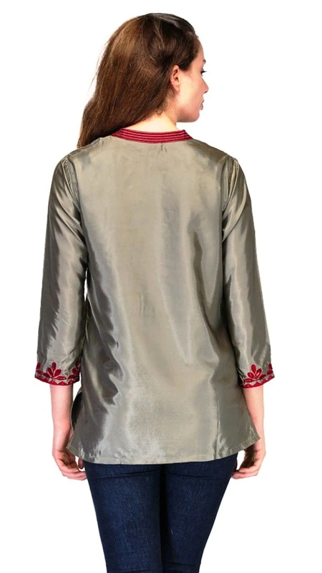 Grey Silk Satin Embroidered Kurti | Indian Ethnic Festive Wear | Embellished Kurti