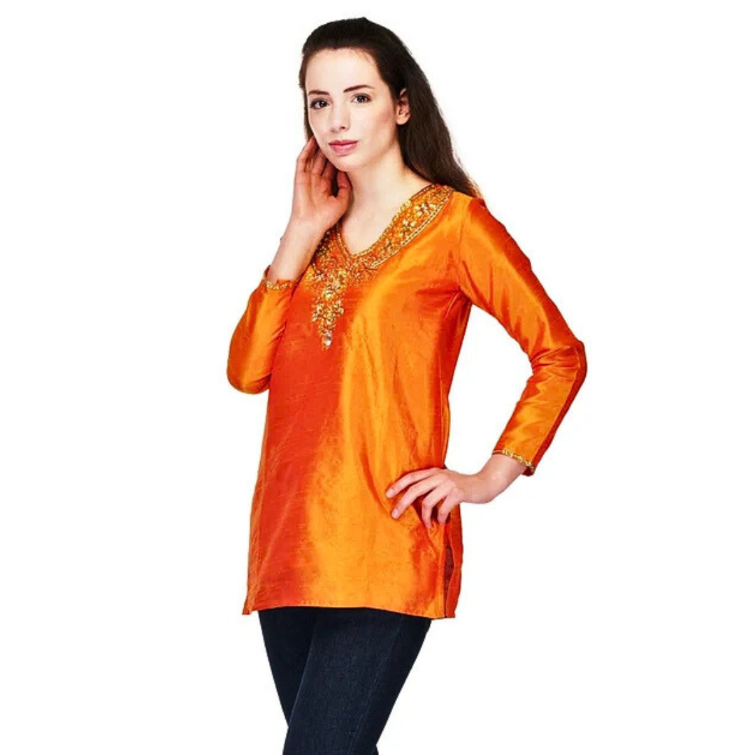 Orange Silk Embellished Kurti for Women | Festive Ethnic Kurti with Hand Embroidery | Diwali & Wedding Outfit