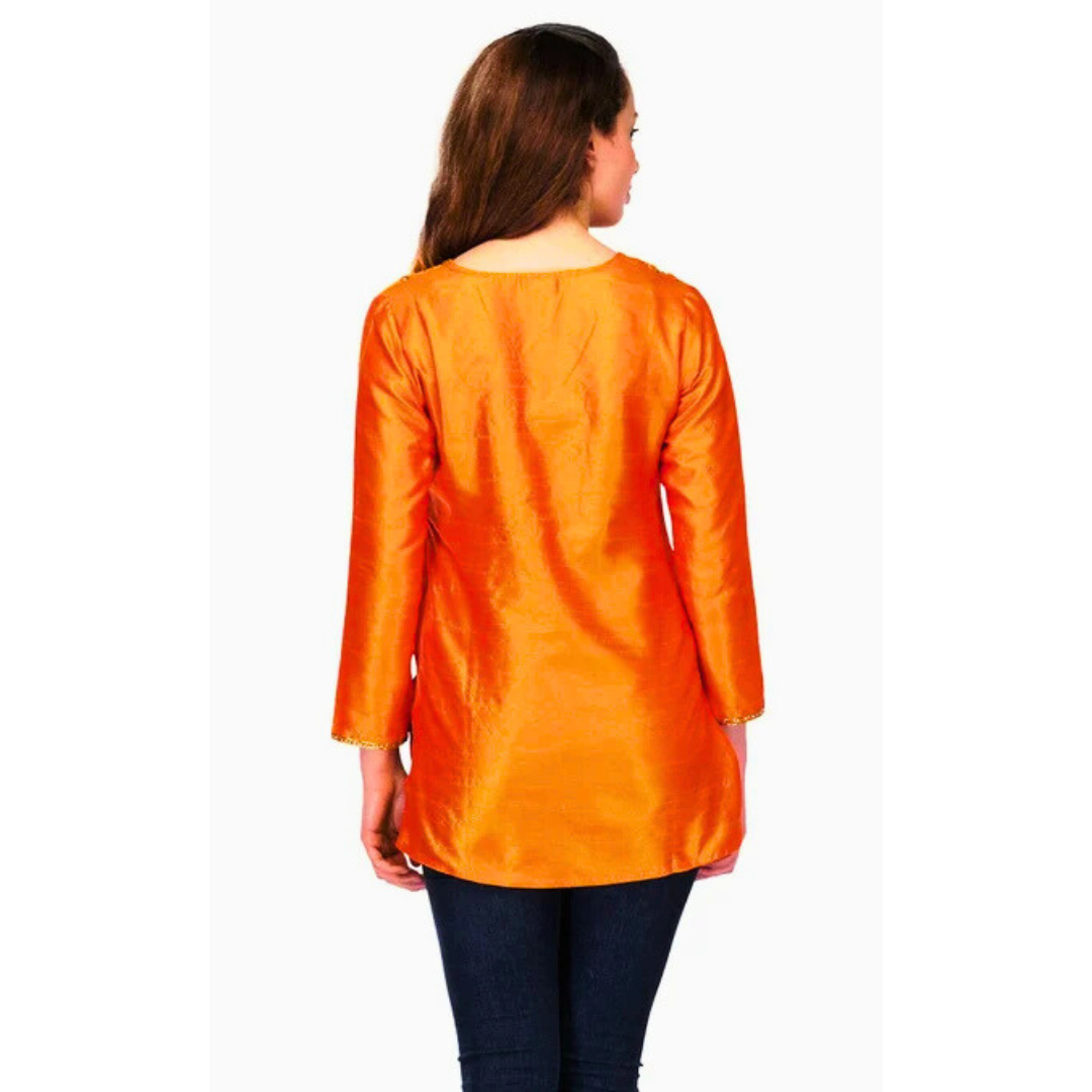 Orange Silk Embellished Kurti for Women | Festive Ethnic Kurti with Hand Embroidery | Diwali & Wedding Outfit