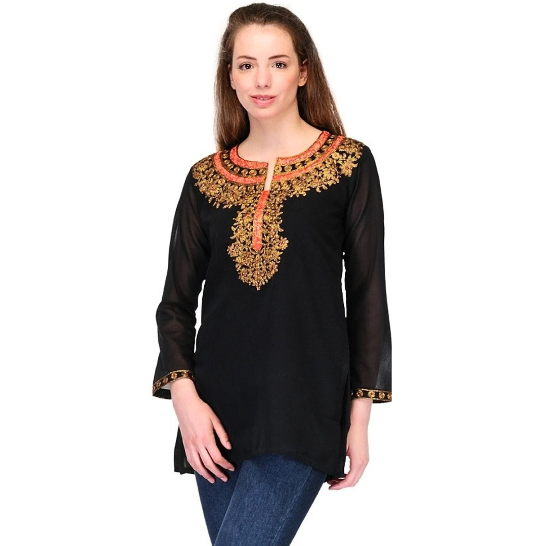Black Georgette Embroidered Kurti | Black Summer Top | Black Boho Top
