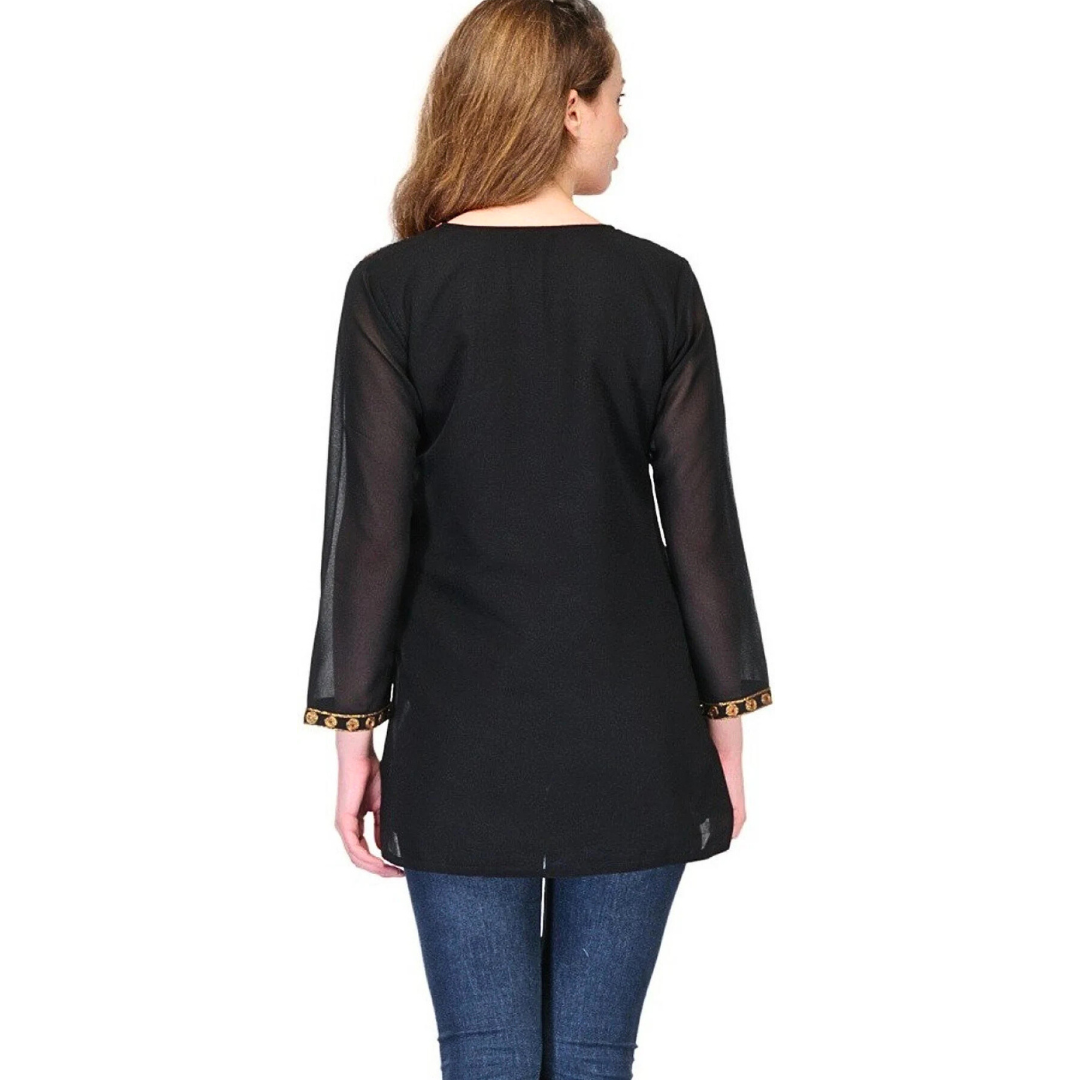 Black Georgette Embroidered Kurti | Black Summer Top | Black Boho Top