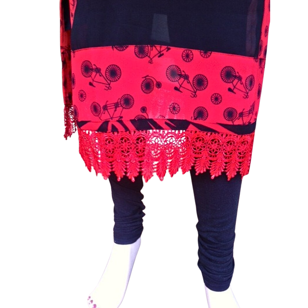 Black / Red Plus Size Georgette Women's Long Straight Kurta