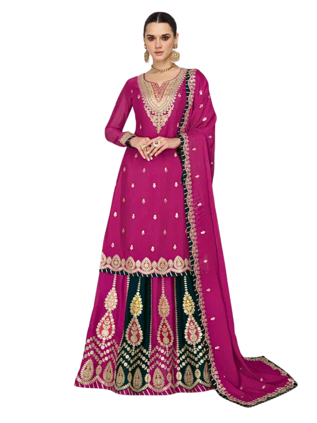 Rose Embellished Kurta with Skirt & Dupatta – Wedding & Festive Party Wear Outfit